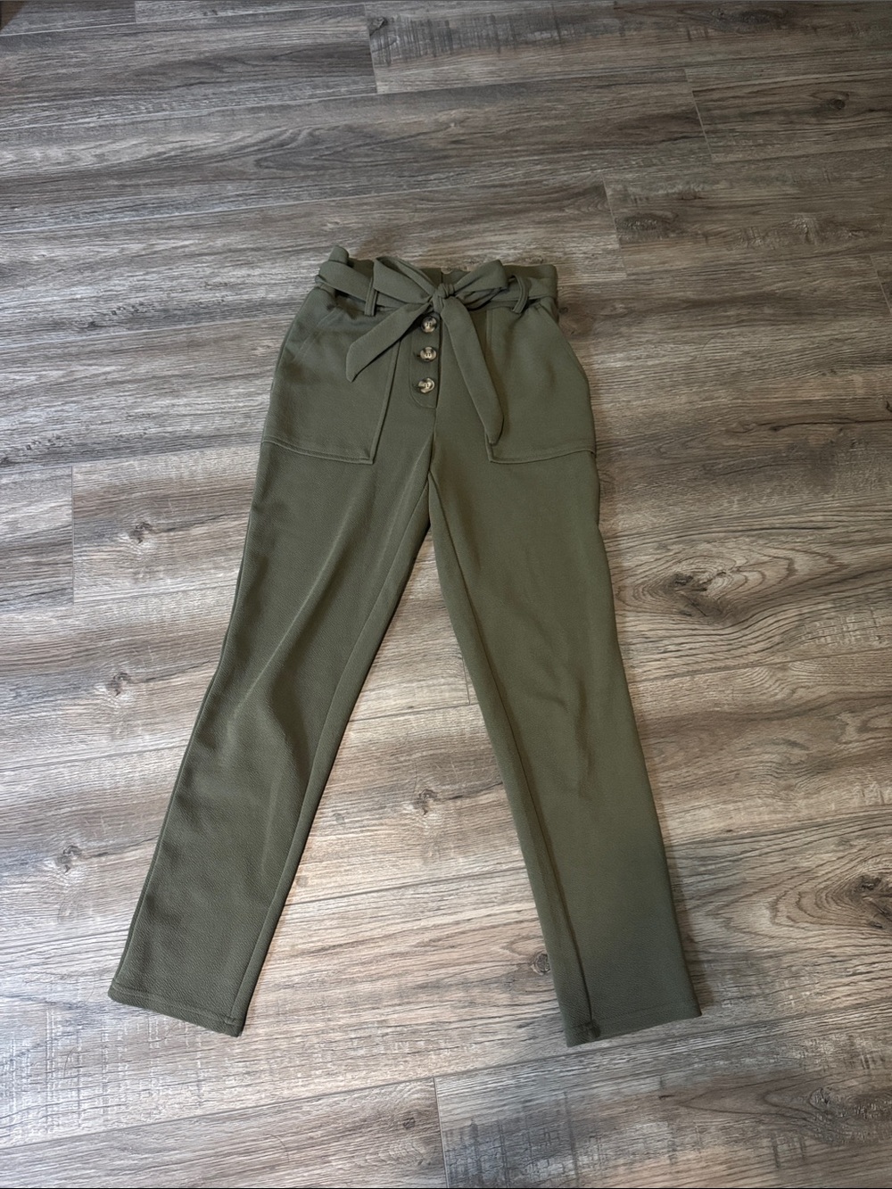 Derek Heart Olive High-Waist Paperbag Trousers with Tie Belt